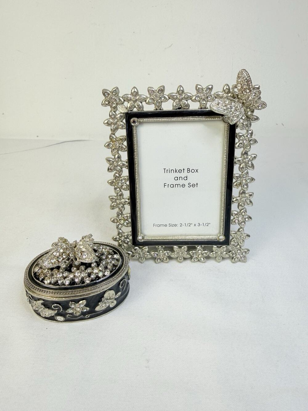 Silver tone Rhinestone Butterfly Trinket Box And For Ame Bet In Black Enamel Set